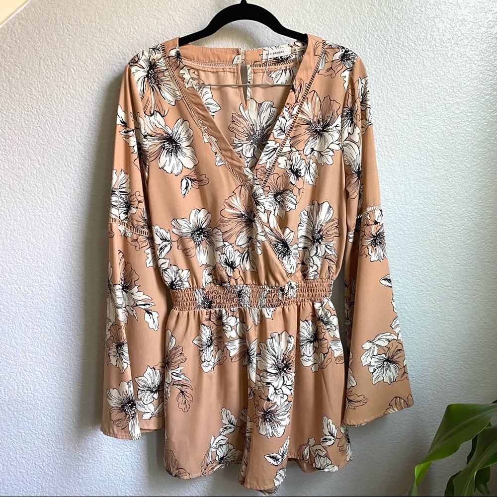 Blu Pepper Romper Peach Neutral Floral Flowy Wrap